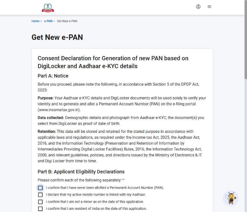 Consent declaration for generation of new PAN based on DigiLocker and Aadhaar e-KYC details on the e-filing portal